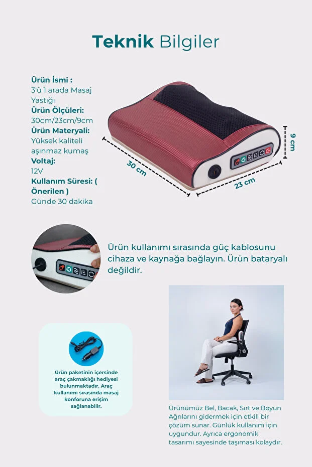 Elektrikli Boyun Bel Sırt Ovmalı Isıtmalı Yoğurmalı Çok Amaçlı Masaj Yastığı